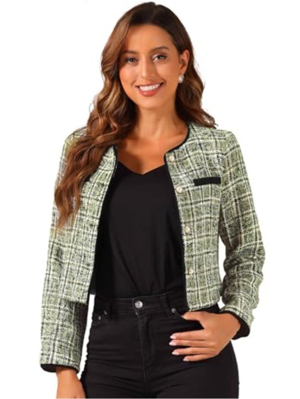 Women Vintage Tweed Cropped Blazer Jacket Business Casual